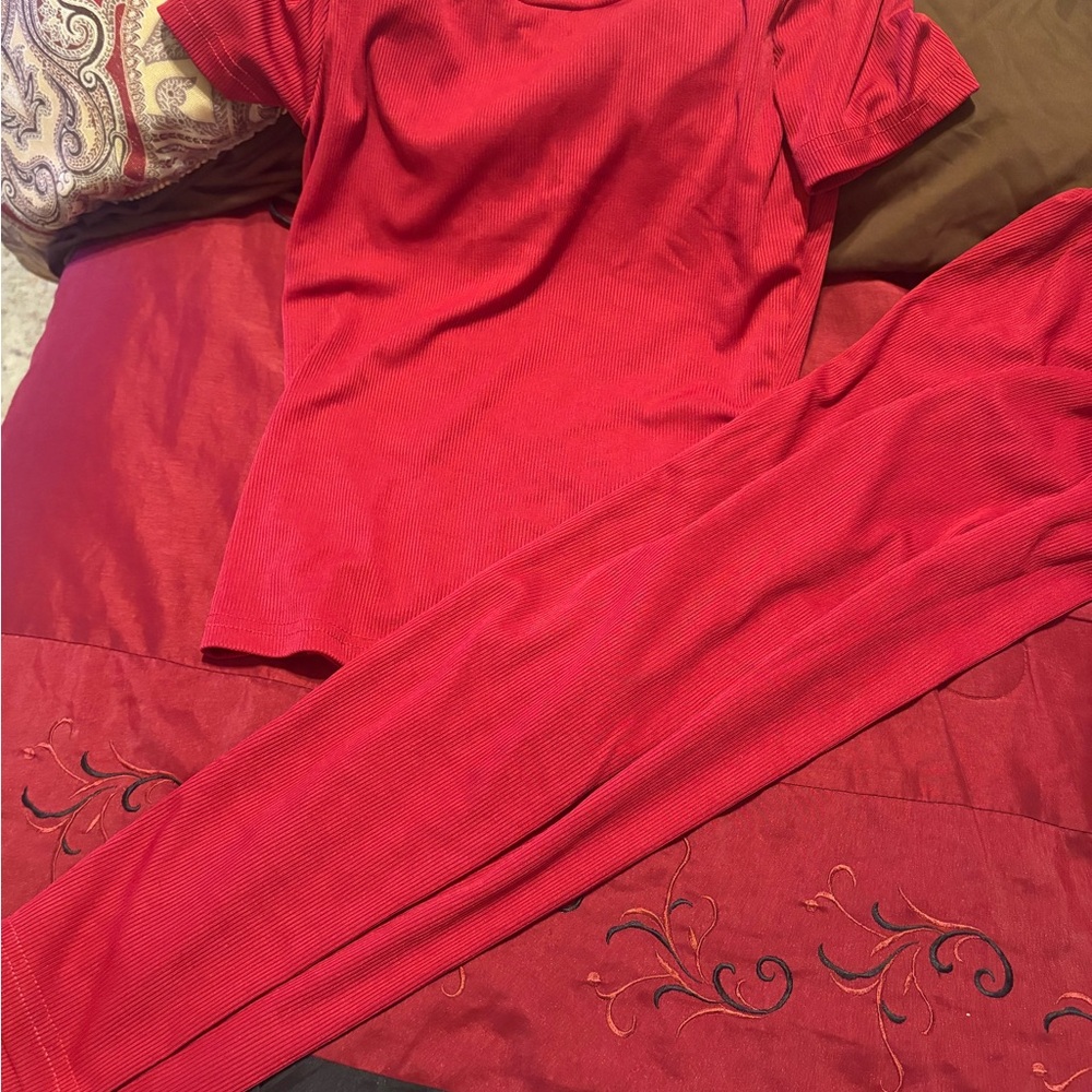 Red Ribbed Top and Leggings Set